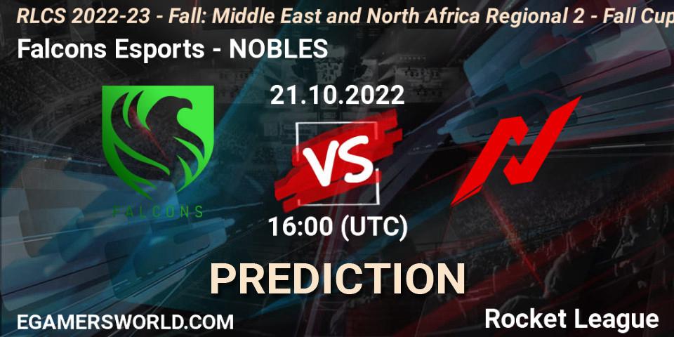 Falcons Esports vs NOBLES: Betting TIp, Match Prediction. 21.10.2022 at 16:00. Rocket League, RLCS 2022-23 - Fall: Middle East and North Africa Regional 2 - Fall Cup
