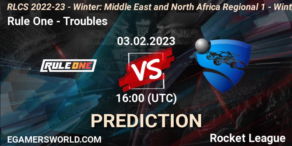 Rule One vs Troubles: Betting TIp, Match Prediction. 03.02.2023 at 16:00. Rocket League, RLCS 2022-23 - Winter: Middle East and North Africa Regional 1 - Winter Open