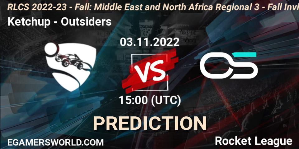 Ketchup vs Outsiders: Betting TIp, Match Prediction. 03.11.2022 at 15:00. Rocket League, RLCS 2022-23 - Fall: Middle East and North Africa Regional 3 - Fall Invitational