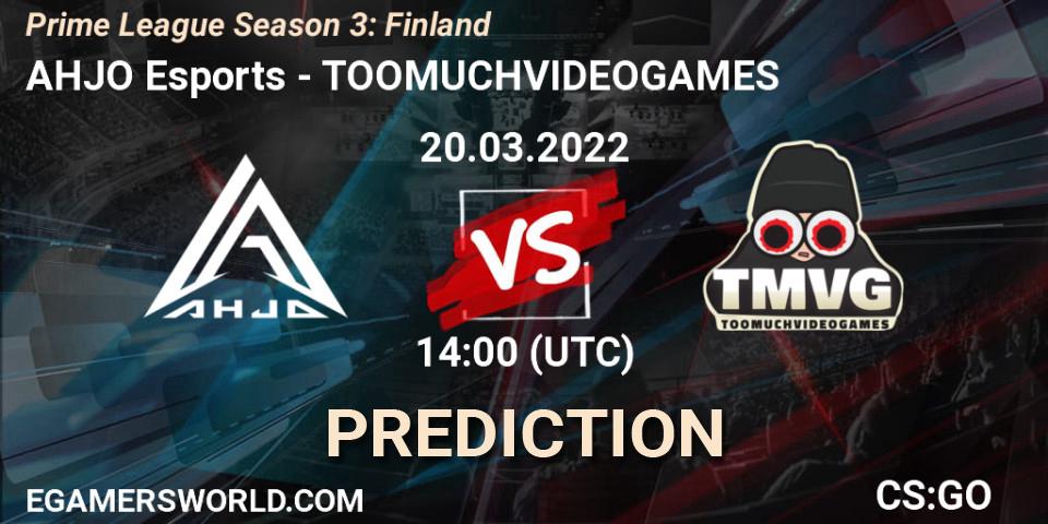 AHJO Esports vs TOOMUCHVIDEOGAMES: Betting TIp, Match Prediction. 20.03.2022 at 15:30. Counter-Strike (CS2), Prime League Season 3: Finland
