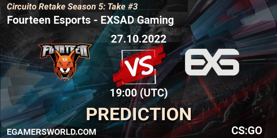 Fourteen Esports vs EXSAD Gaming: Betting TIp, Match Prediction. 27.10.2022 at 19:00. Counter-Strike (CS2), Circuito Retake Season 5: Take #3