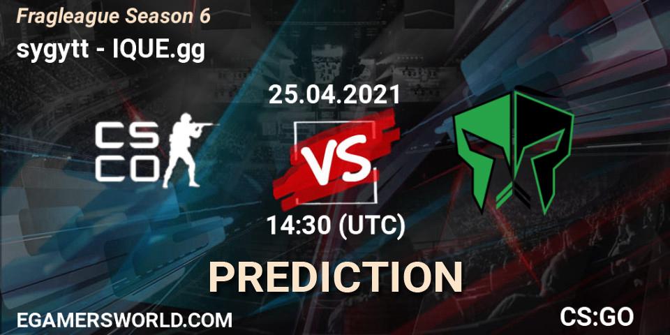 sygytt vs IQUE.gg: Betting TIp, Match Prediction. 25.04.2021 at 14:30. Counter-Strike (CS2), Fragleague Season 6