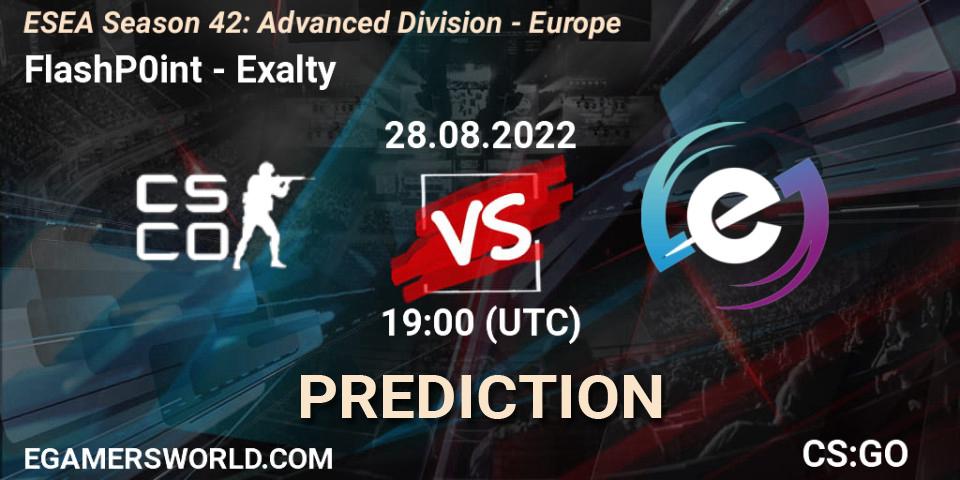 FlashP0int vs Exalty: Betting TIp, Match Prediction. 28.08.2022 at 19:00. Counter-Strike (CS2), ESEA Season 42: Advanced Division - Europe