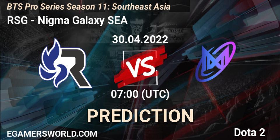 RSG vs Nigma Galaxy SEA: Betting TIp, Match Prediction. 30.04.2022 at 07:11. Dota 2, BTS Pro Series Season 11: Southeast Asia