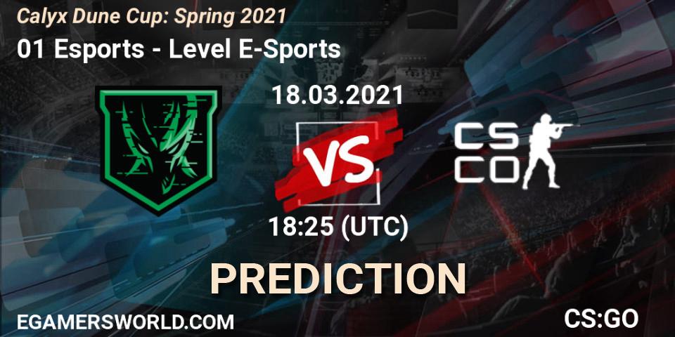 01 Esports vs Level E-Sports: Betting TIp, Match Prediction. 18.03.2021 at 18:30. Counter-Strike (CS2), Calyx Dune Cup: Spring 2021