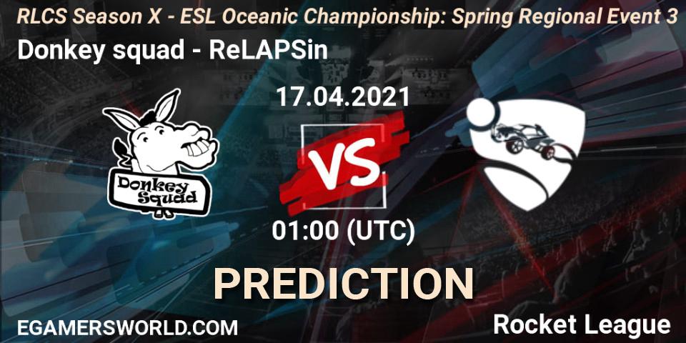 Donkey squad vs ReLAPSin: Betting TIp, Match Prediction. 17.04.2021 at 01:00. Rocket League, RLCS Season X - ESL Oceanic Championship: Spring Regional Event 3