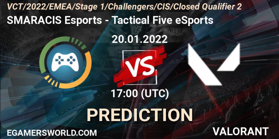 SMARACIS Esports vs Tactical Five eSports: Betting TIp, Match Prediction. 20.01.2022 at 17:45. VALORANT, VCT 2022: CIS Stage 1 Challengers - Closed Qualifier 2