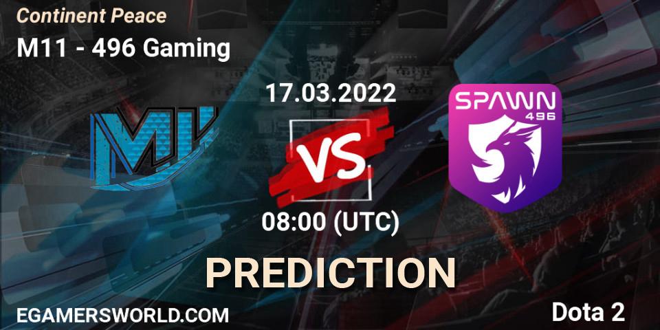 M11 vs 496 Gaming: Betting TIp, Match Prediction. 17.03.2022 at 07:16. Dota 2, Continent Peace