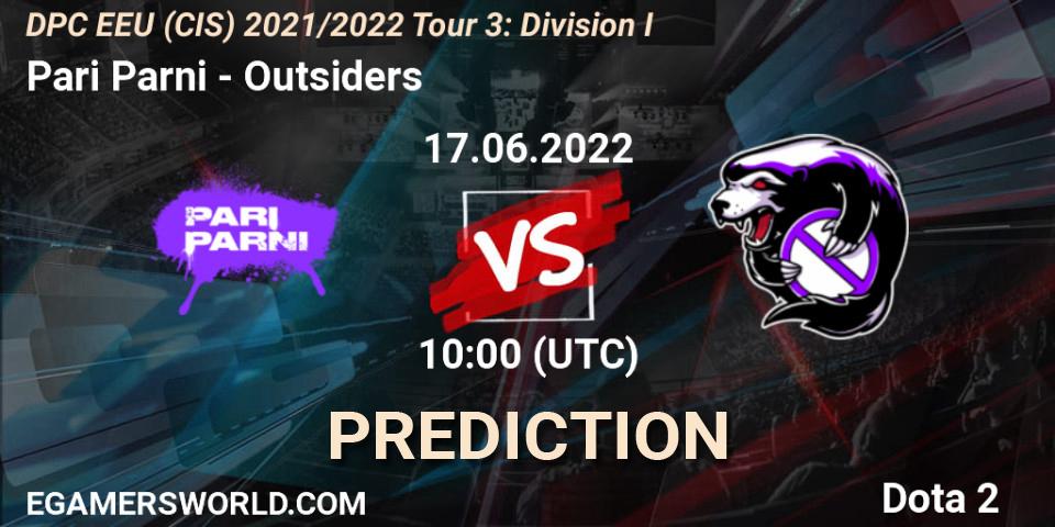 Pari Parni vs Outsiders: Betting TIp, Match Prediction. 17.06.2022 at 10:33. Dota 2, DPC EEU (CIS) 2021/2022 Tour 3: Division I