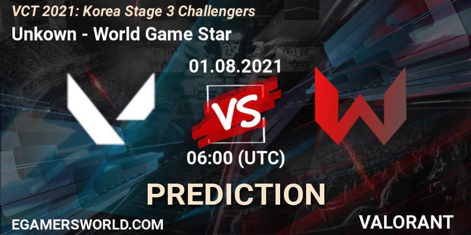 Unkown vs World Game Star: Betting TIp, Match Prediction. 01.08.2021 at 06:00. VALORANT, VCT 2021: Korea Stage 3 Challengers