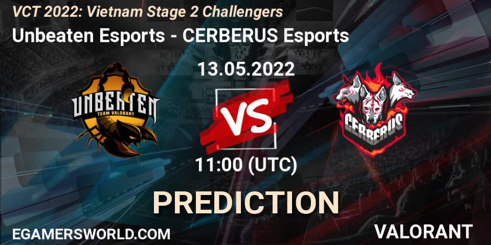 Unbeaten Esports vs CERBERUS Esports: Betting TIp, Match Prediction. 13.05.2022 at 11:00. VALORANT, VCT 2022: Vietnam Stage 2 Challengers