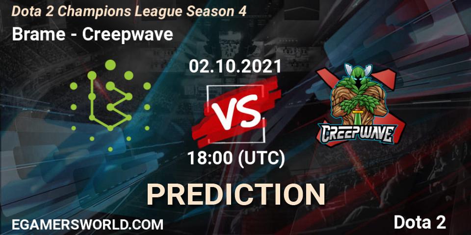 Brame vs Creepwave: Betting TIp, Match Prediction. 02.10.2021 at 18:25. Dota 2, Dota 2 Champions League Season 4