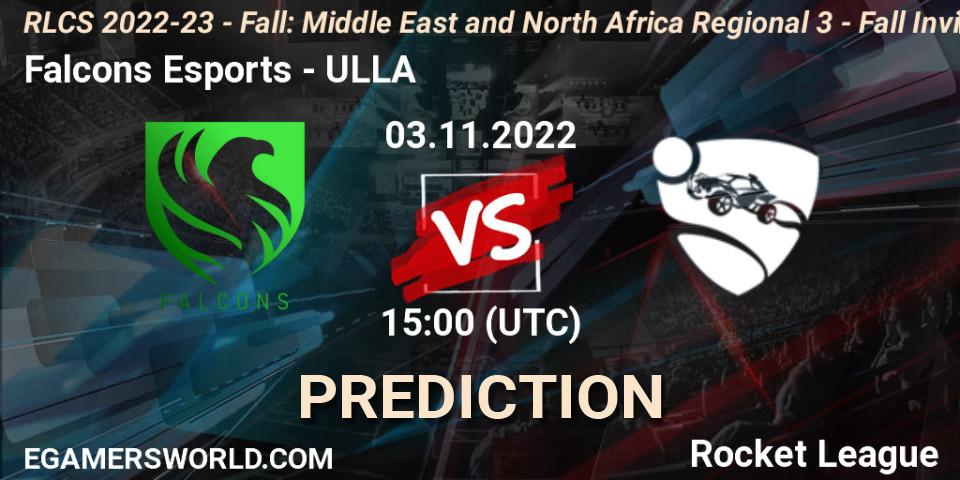 Falcons Esports vs ULLA: Betting TIp, Match Prediction. 03.11.2022 at 15:00. Rocket League, RLCS 2022-23 - Fall: Middle East and North Africa Regional 3 - Fall Invitational