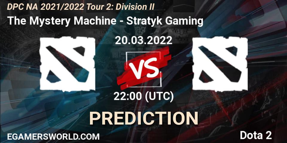 The Mystery Machine vs Stratyk Gaming: Betting TIp, Match Prediction. 20.03.2022 at 22:55. Dota 2, DP 2021/2022 Tour 2: NA Division II (Lower) - ESL One Spring 2022