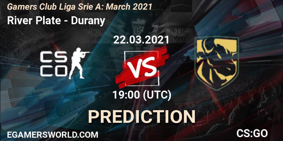 River Plate vs Durany: Betting TIp, Match Prediction. 22.03.2021 at 19:00. Counter-Strike (CS2), Gamers Club Liga Série A: March 2021