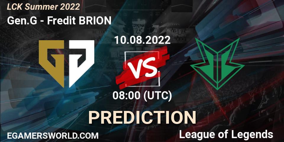 Gen.G vs Fredit BRION: Betting TIp, Match Prediction. 10.08.2022 at 08:00. LoL, LCK Summer 2022