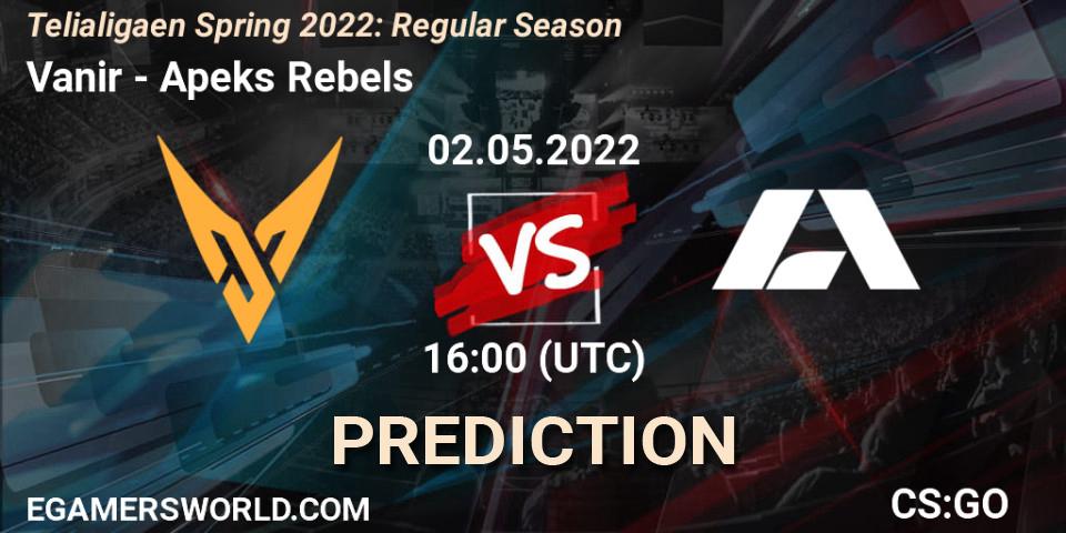 Vanir vs Apeks Rebels: Betting TIp, Match Prediction. 02.05.2022 at 16:00. Counter-Strike (CS2), Telialigaen Spring 2022: Regular Season