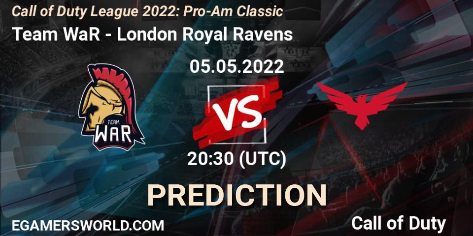Team WaR vs London Royal Ravens: Betting TIp, Match Prediction. 05.05.2022 at 20:30. Call of Duty, Call of Duty League 2022: Pro-Am Classic