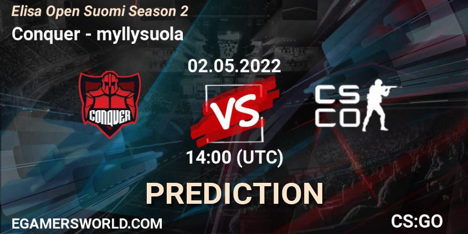 Conquer vs myllysuola: Betting TIp, Match Prediction. 02.05.2022 at 14:00. Counter-Strike (CS2), Elisa Open Suomi Season 2