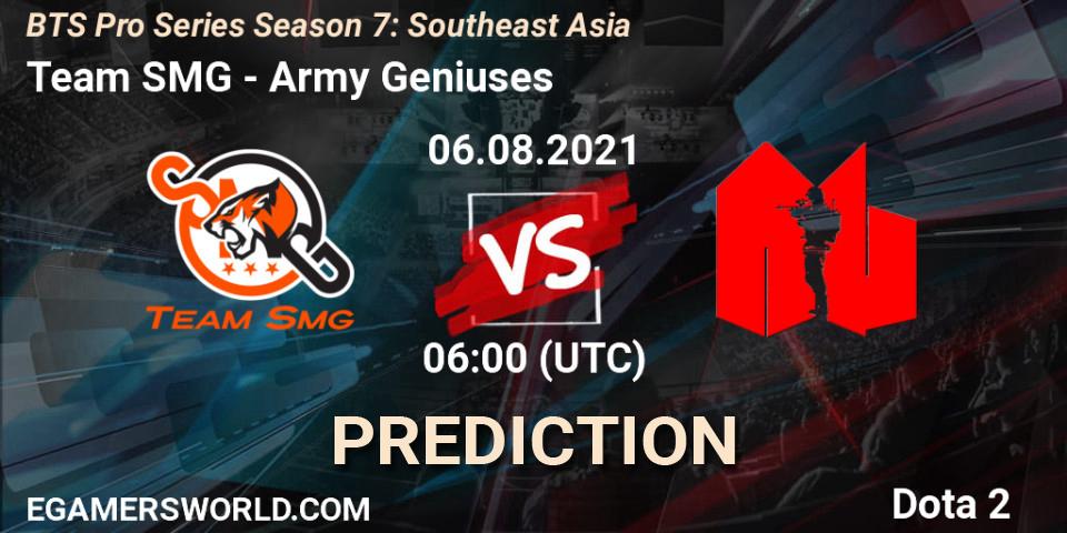 Team SMG vs Army Geniuses: Betting TIp, Match Prediction. 06.08.2021 at 06:00. Dota 2, BTS Pro Series Season 7: Southeast Asia