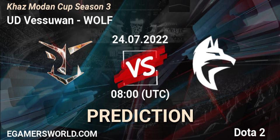 UD Vessuwan vs WOLF: Betting TIp, Match Prediction. 24.07.2022 at 08:13. Dota 2, Khaz Modan Cup Season 3