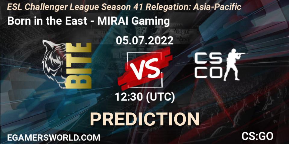 Born in the East vs MIRAI Gaming: Betting TIp, Match Prediction. 05.07.2022 at 12:30. Counter-Strike (CS2), ESL Challenger League Season 41 Relegation: Asia-Pacific