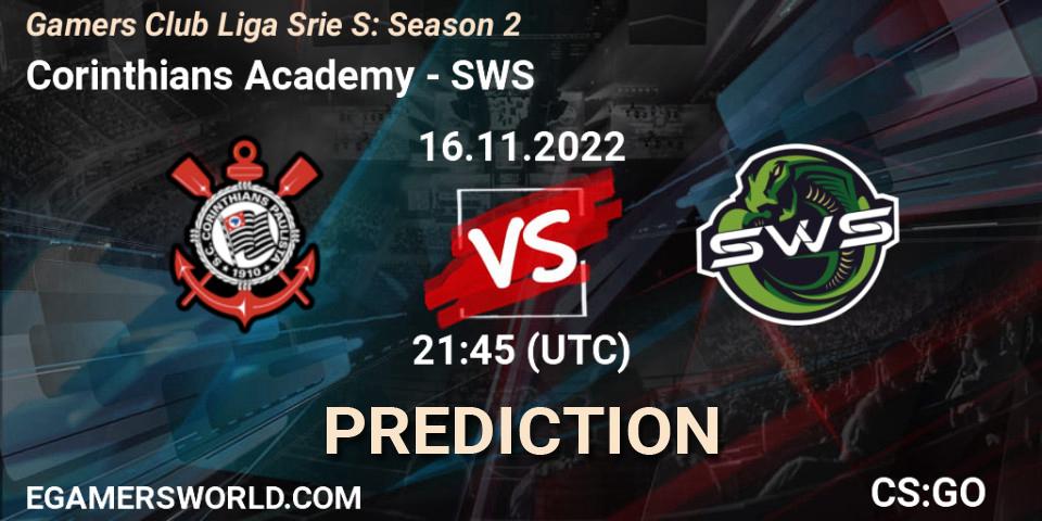 Corinthians Academy vs SWS: Betting TIp, Match Prediction. 16.11.2022 at 21:45. Counter-Strike (CS2), Gamers Club Liga Série S: Season 2