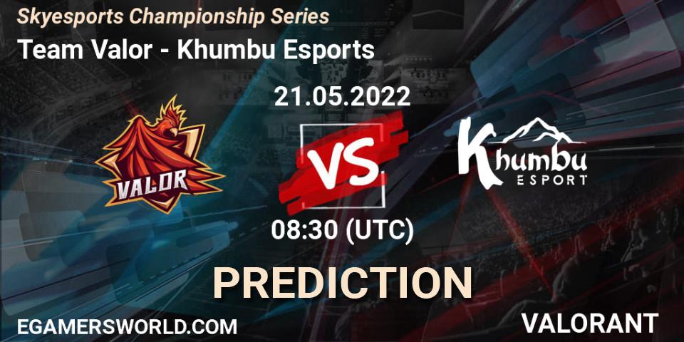Team Valor vs Khumbu Esports: Betting TIp, Match Prediction. 21.05.2022 at 08:30. VALORANT, Skyesports Championship Series