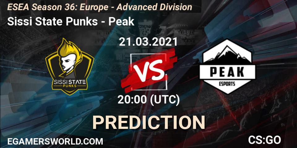 Sissi State Punks vs Peak: Betting TIp, Match Prediction. 21.03.2021 at 20:00. Counter-Strike (CS2), ESEA Season 36: Europe - Advanced Division