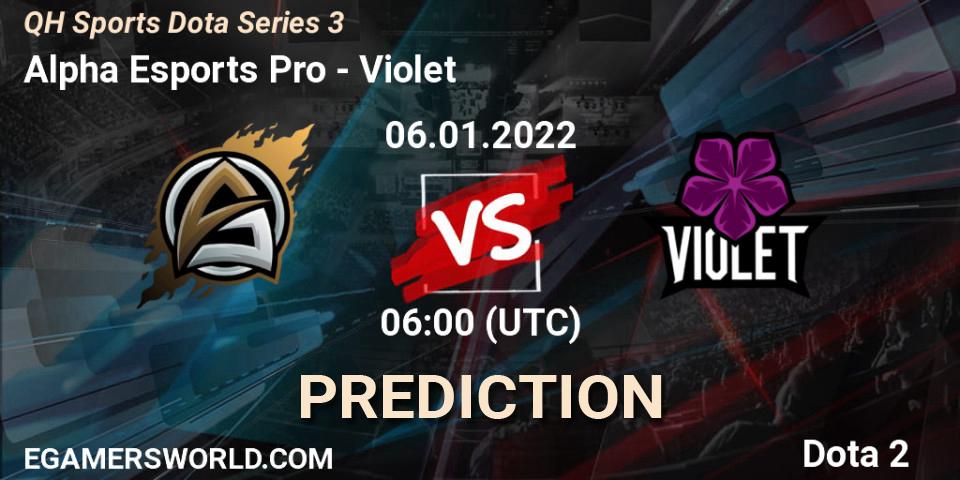 Alpha Esports Pro vs Violet: Betting TIp, Match Prediction. 06.01.2022 at 06:26. Dota 2, QH Sports Dota Series 3