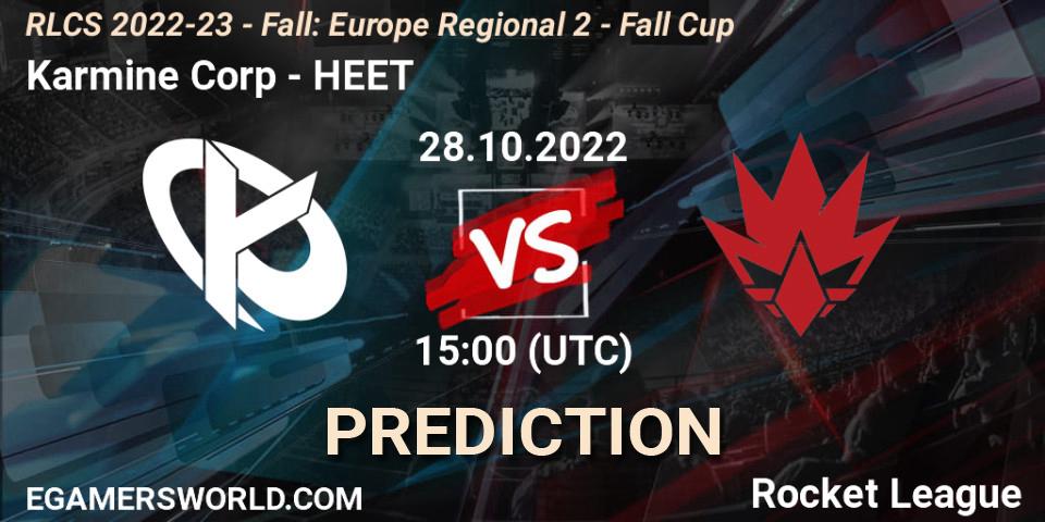 Karmine Corp vs HEET: Betting TIp, Match Prediction. 28.10.2022 at 15:00. Rocket League, RLCS 2022-23 - Fall: Europe Regional 2 - Fall Cup