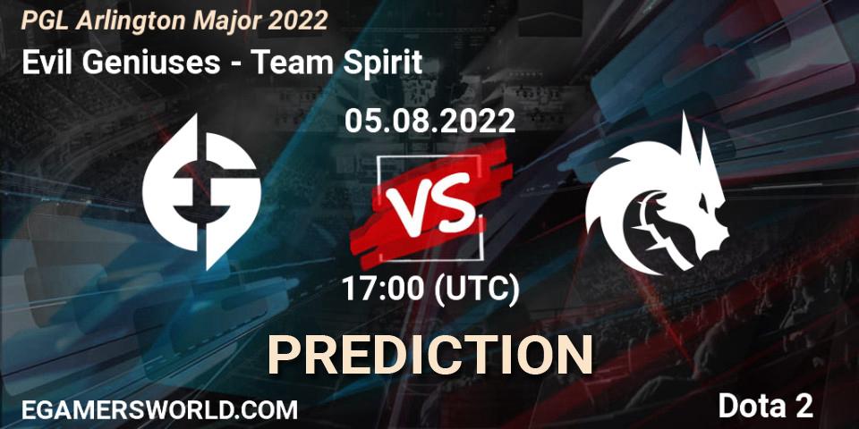 Evil Geniuses vs Team Spirit: Betting TIp, Match Prediction. 05.08.2022 at 17:15. Dota 2, PGL Arlington Major 2022 - Group Stage