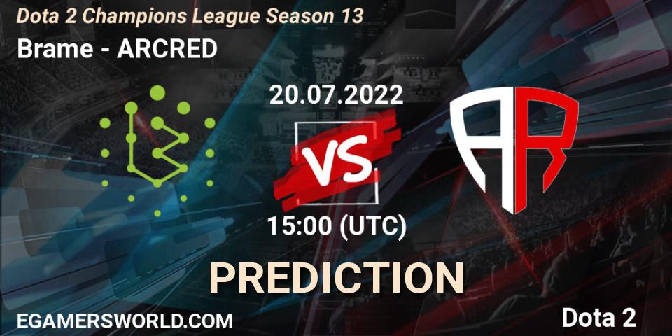 Brame vs ARCRED: Betting TIp, Match Prediction. 20.07.2022 at 15:43. Dota 2, Dota 2 Champions League Season 13