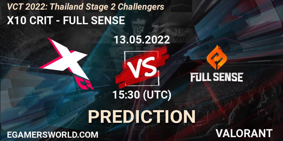 X10 CRIT vs FULL SENSE: Betting TIp, Match Prediction. 13.05.2022 at 15:30. VALORANT, VCT 2022: Thailand Stage 2 Challengers