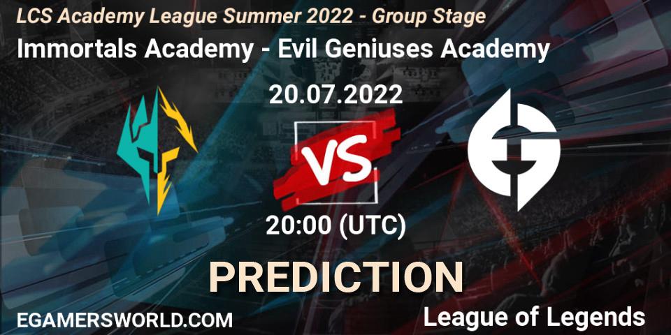 Immortals Academy vs Evil Geniuses Academy: Betting TIp, Match Prediction. 20.07.2022 at 20:00. LoL, LCS Academy League Summer 2022 - Group Stage