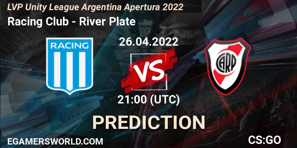 Racing Club vs River Plate: Betting TIp, Match Prediction. 26.04.2022 at 21:00. Counter-Strike (CS2), LVP Unity League Argentina Apertura 2022