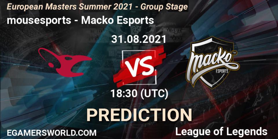 mousesports vs Macko Esports: Betting TIp, Match Prediction. 31.08.2021 at 18:30. LoL, European Masters Summer 2021 - Group Stage