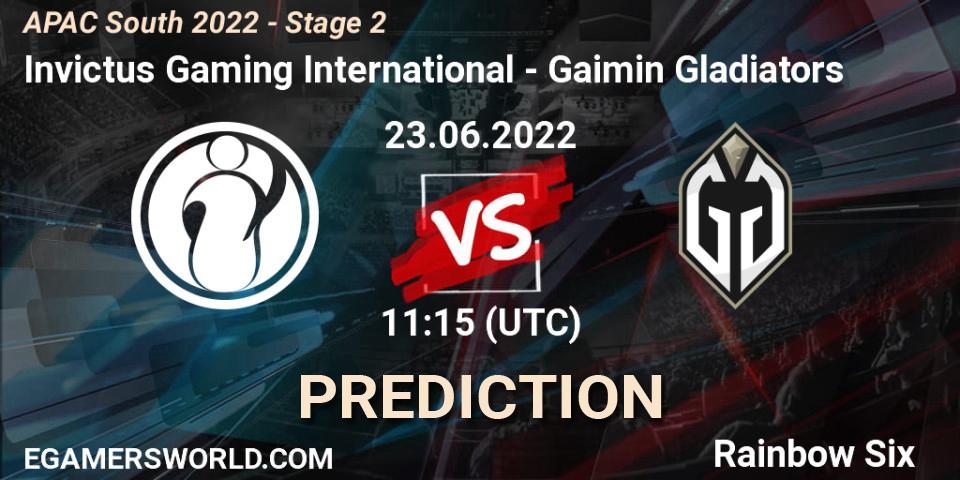 Invictus Gaming International vs Gaimin Gladiators: Betting TIp, Match Prediction. 23.06.2022 at 11:15. Rainbow Six, APAC South 2022 - Stage 2