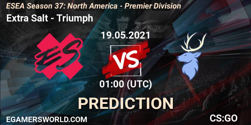 Extra Salt vs Triumph: Betting TIp, Match Prediction. 23.05.2021 at 23:00. Counter-Strike (CS2), ESEA Season 37: North America - Premier Division
