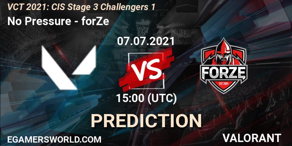 No Pressure vs forZe: Betting TIp, Match Prediction. 07.07.2021 at 15:00. VALORANT, VCT 2021: CIS Stage 3 Challengers 1