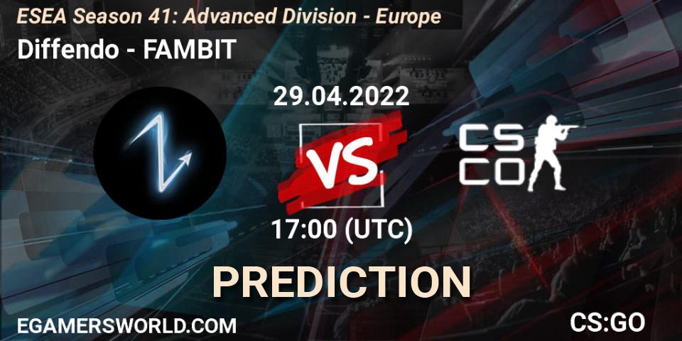 Diffendo vs FAMBIT: Betting TIp, Match Prediction. 29.04.2022 at 17:00. Counter-Strike (CS2), ESEA Season 41: Advanced Division - Europe