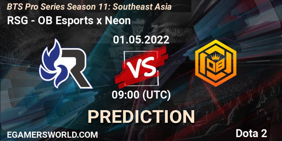 RSG vs OB Esports x Neon: Betting TIp, Match Prediction. 30.04.2022 at 09:16. Dota 2, BTS Pro Series Season 11: Southeast Asia