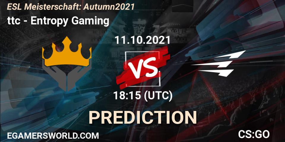 ttc vs Entropy Gaming: Betting TIp, Match Prediction. 11.10.2021 at 18:15. Counter-Strike (CS2), ESL Meisterschaft: Autumn 2021