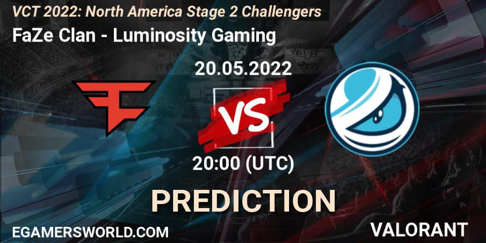 FaZe Clan vs Luminosity Gaming: Betting TIp, Match Prediction. 20.05.2022 at 20:10. VALORANT, VCT 2022: North America Stage 2 Challengers