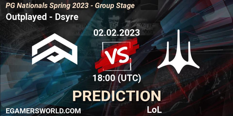 Outplayed vs Dsyre: Betting TIp, Match Prediction. 02.02.2023 at 18:00. LoL, PG Nationals Spring 2023 - Group Stage
