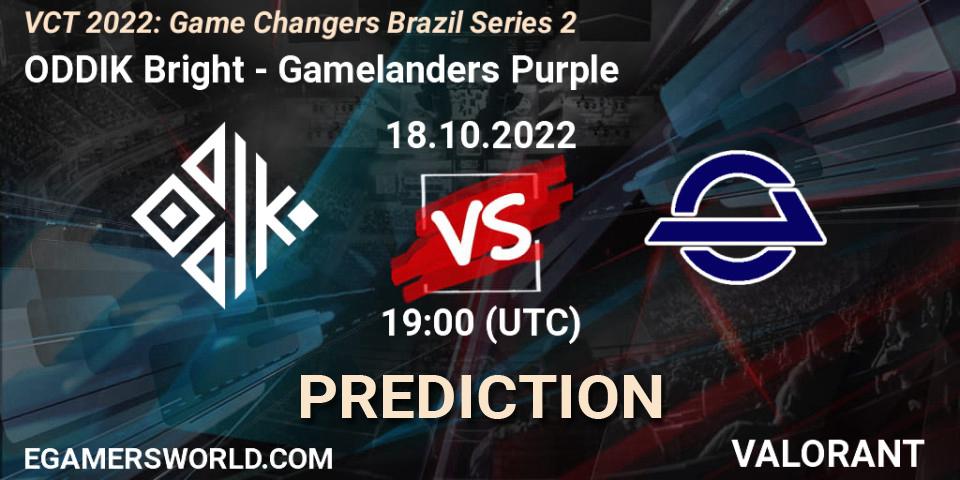 ODDIK Bright vs Gamelanders Purple: Betting TIp, Match Prediction. 18.10.2022 at 19:45. VALORANT, VCT 2022: Game Changers Brazil Series 2