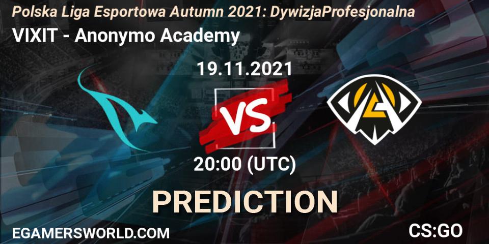 VIXIT vs Anonymo Academy: Betting TIp, Match Prediction. 19.11.2021 at 20:00. Counter-Strike (CS2), Polska Liga Esportowa Autumn 2021: Dywizja Profesjonalna