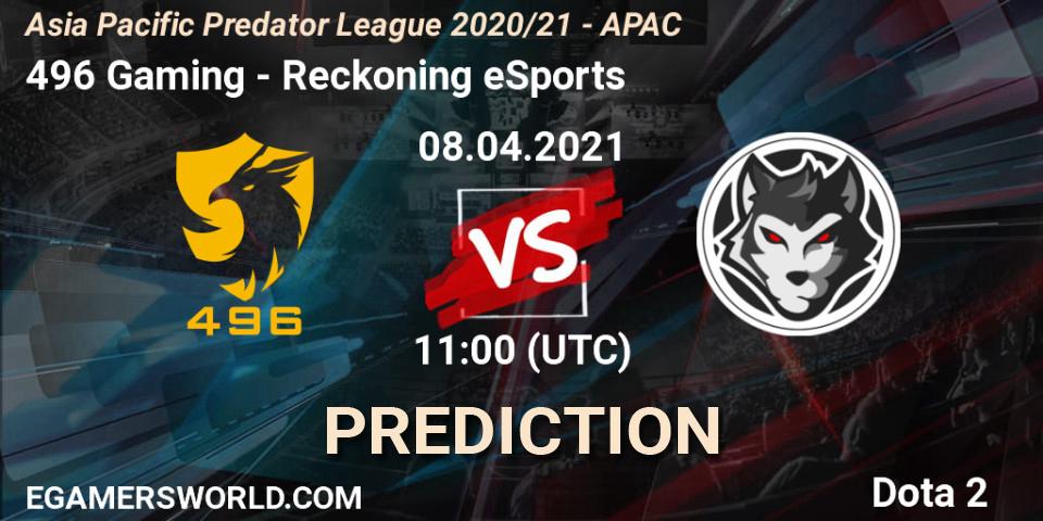 496 Gaming vs Reckoning eSports: Betting TIp, Match Prediction. 08.04.21. Dota 2, Asia Pacific Predator League 2020/21 - APAC