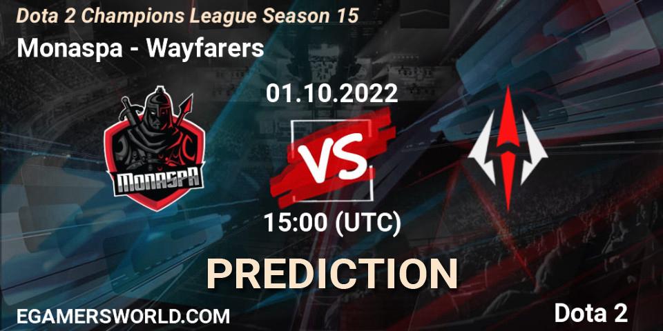 Monaspa vs Wayfarers: Betting TIp, Match Prediction. 01.10.2022 at 14:20. Dota 2, Dota 2 Champions League Season 15