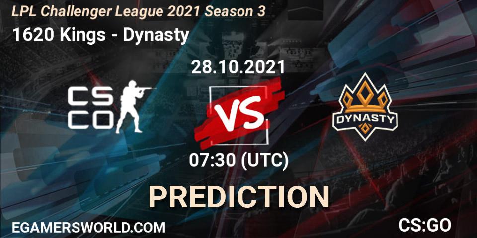 1620 Kings vs Dynasty: Betting TIp, Match Prediction. 28.10.2021 at 07:30. Counter-Strike (CS2), LPL Challenger League 2021 Season 3